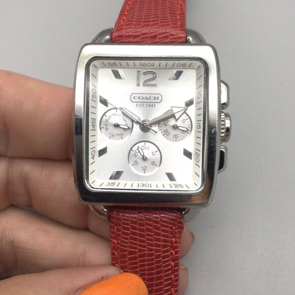Coach Boyfriend Watch Women 32mm Silver Tone Day Date Red Leather New Battery main image 14